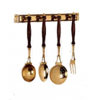 Аксессуары для кухни на подставке (половник, шумовка, ложка, вилка) в блестящей и состаренной латуни