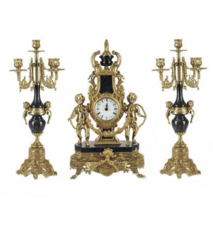 Набор два канделябра и часы ДИММАРК 415-440М, блестящая латунь, черный мрамор