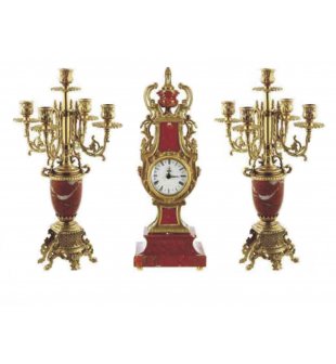 Набор два канделябра и часы ДИММАРК 414 - 449М, блестящая латунь, красный мрамор